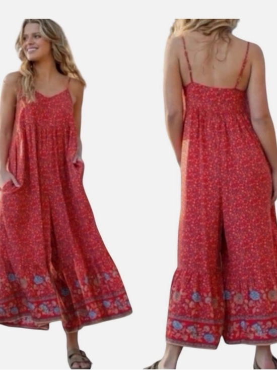 NATURAL LIFE Pants - NATURAL LIFE Red & Blue Floral Wide-Leg Spaghetti-Strap Boho Jumpsuit, Size S.